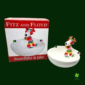 Fitz and Floyd Snowflake and Jake Candy Dish Bowl Christmas Reindeer Serving